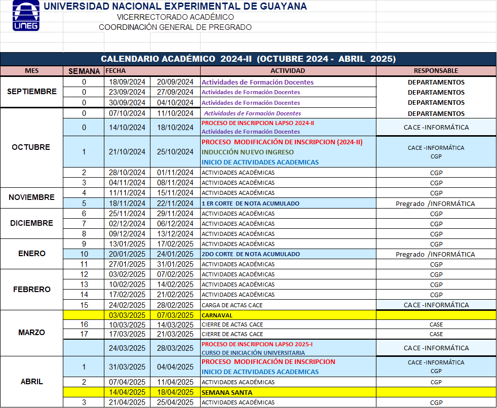 Calendario pregrado UNEG 2024-2