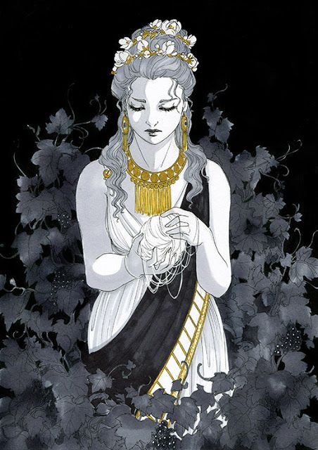 Imagen de la heroina Ariadna con una bola de hilo dorado en las manos